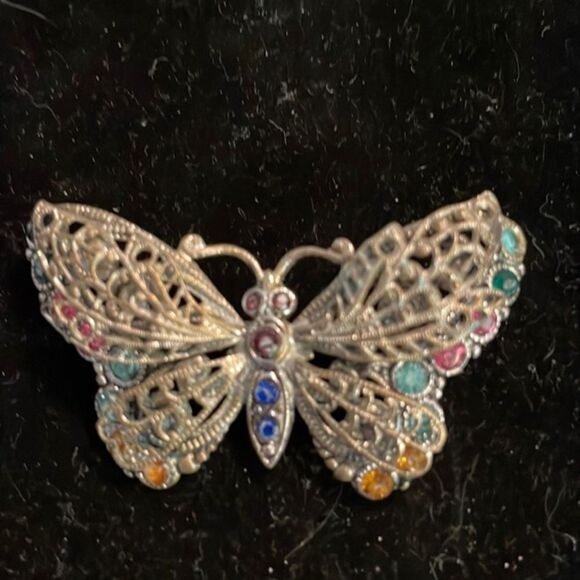Vintage 1950s Art Deco pewter filigree butterfly brooch with gems - Picture 1 of 14